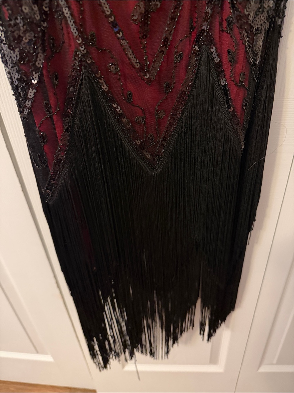 Beaded Burgundy Fringe Flapper Dress with Feather Detail - Picture 4 of 4